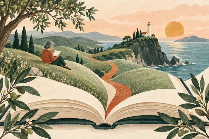 Un libro abierto se convierte en un paisaje. Un camino atraviesa las colinas hasta un faro.